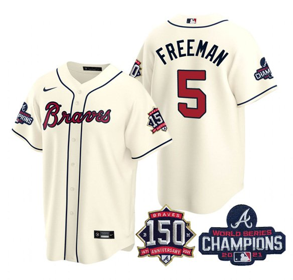 Men's Atlanta Braves #5 Freddie Freeman 2021 Cream World Series Champions With 150th Anniversary Patch Cool Base Stitched Jersey Men's Atlanta Braves #5 Freddie Freeman 2021 Cream World Series Champions With 150th Anniversary Patch Cool Base Stitched Jersey